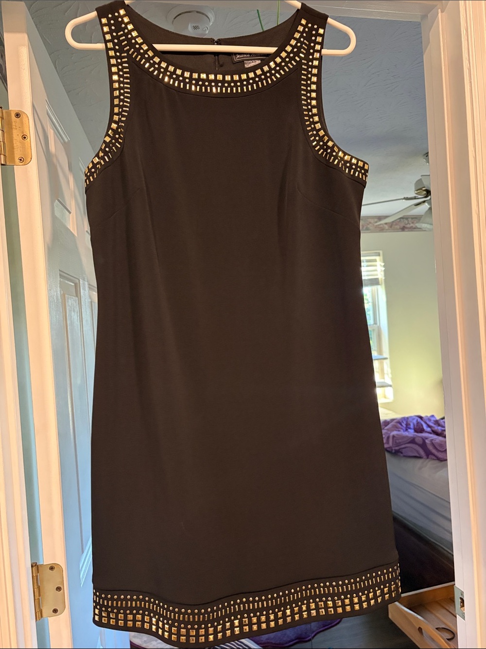 Jessica Howard Black Sleeveless Shift Dress with Gold Stud Trim